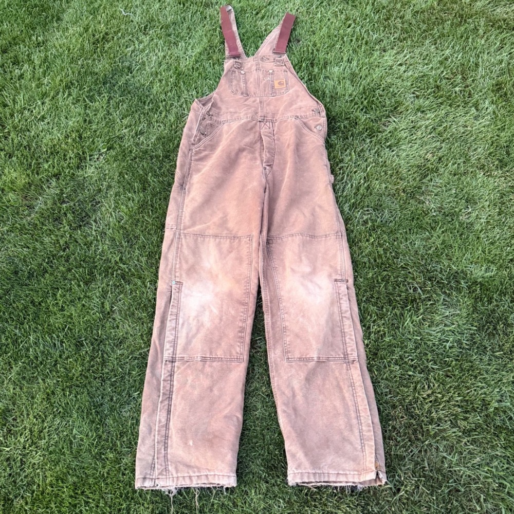 A- Carhartt Mens Brown Duck Quilt Lined Bib Overalls Double Knee Workwear 38x31